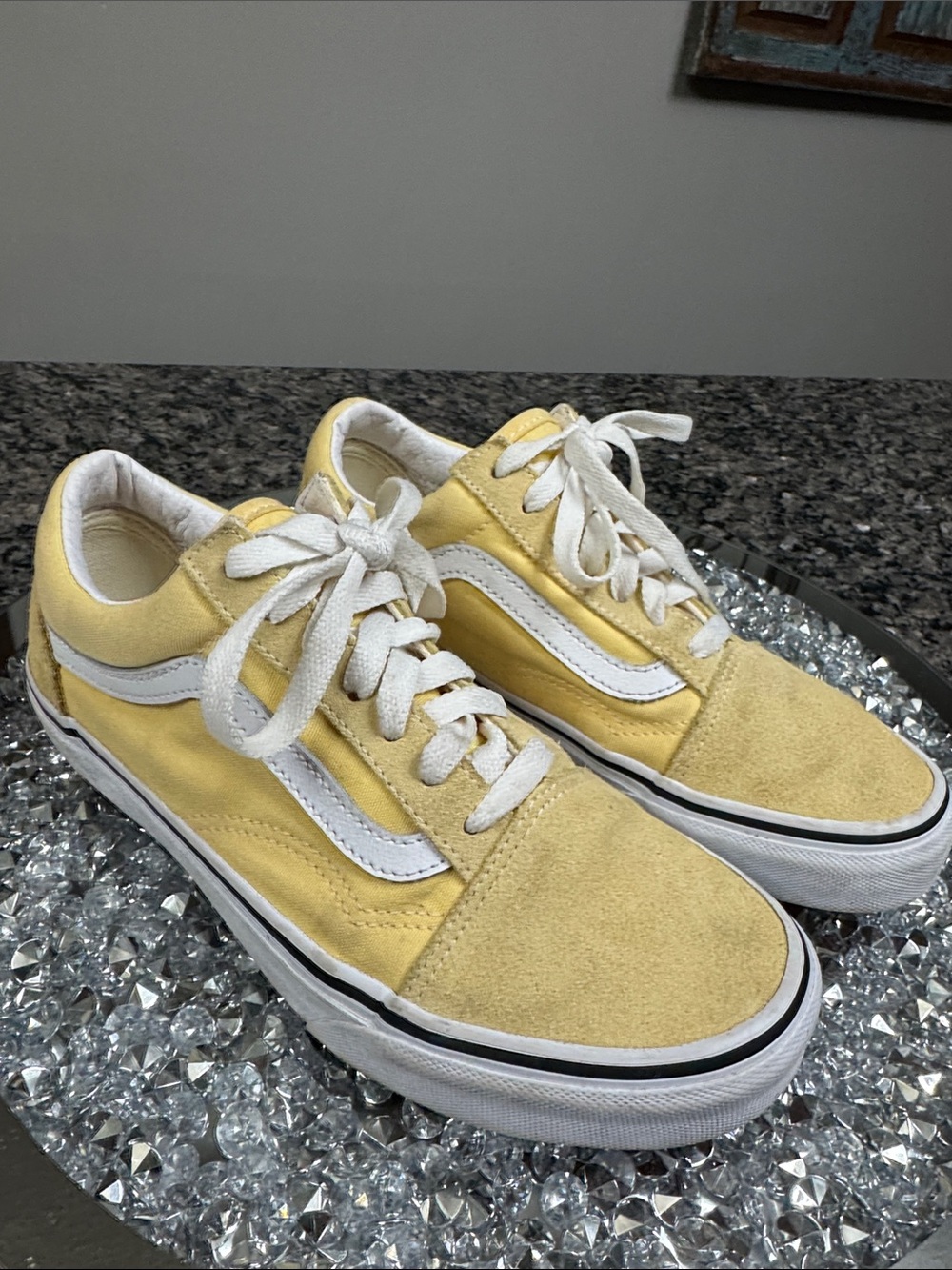Vans Yellow Low-Top Canvas and suede Sneakers White Stripe logo EUC 7.5 - Picture 4 of 13